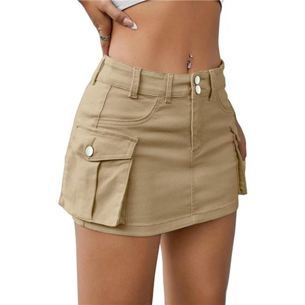 Y2K Light Khaki Cargo Denim Mini Skirt Low Waist‎ Extra Short Bodycon Skirt - Picture 6 of 6